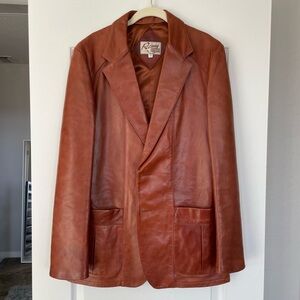 Remy Vintage Brown Leather Jacket Blazer Size 42 Long Unisex Classic Genuine